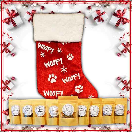 Red 'WOOF!' Christmas stocking with pet treats in front, surrounded by festive decorations.
